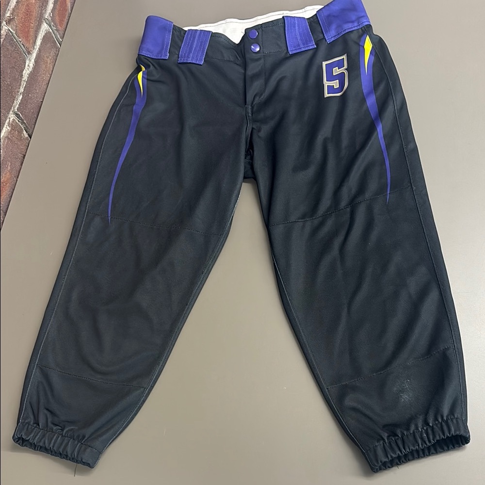 Black softball pants #5, size 32, with purple and yellow details